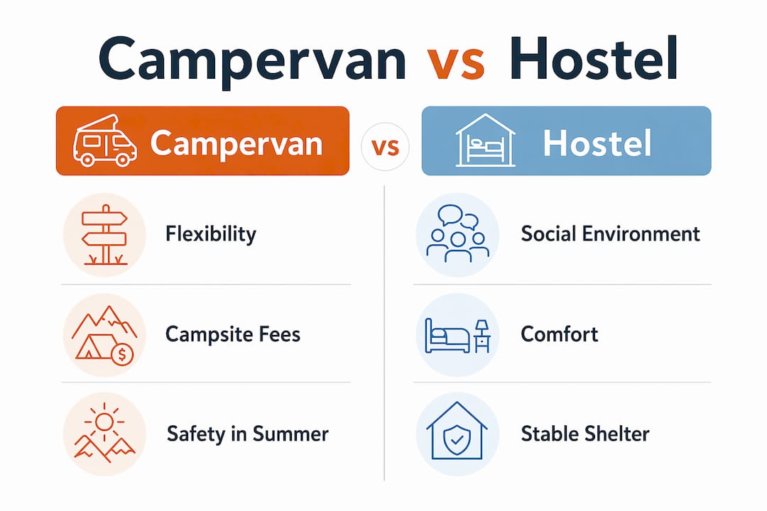 Infographic comparing campervan and hostel features