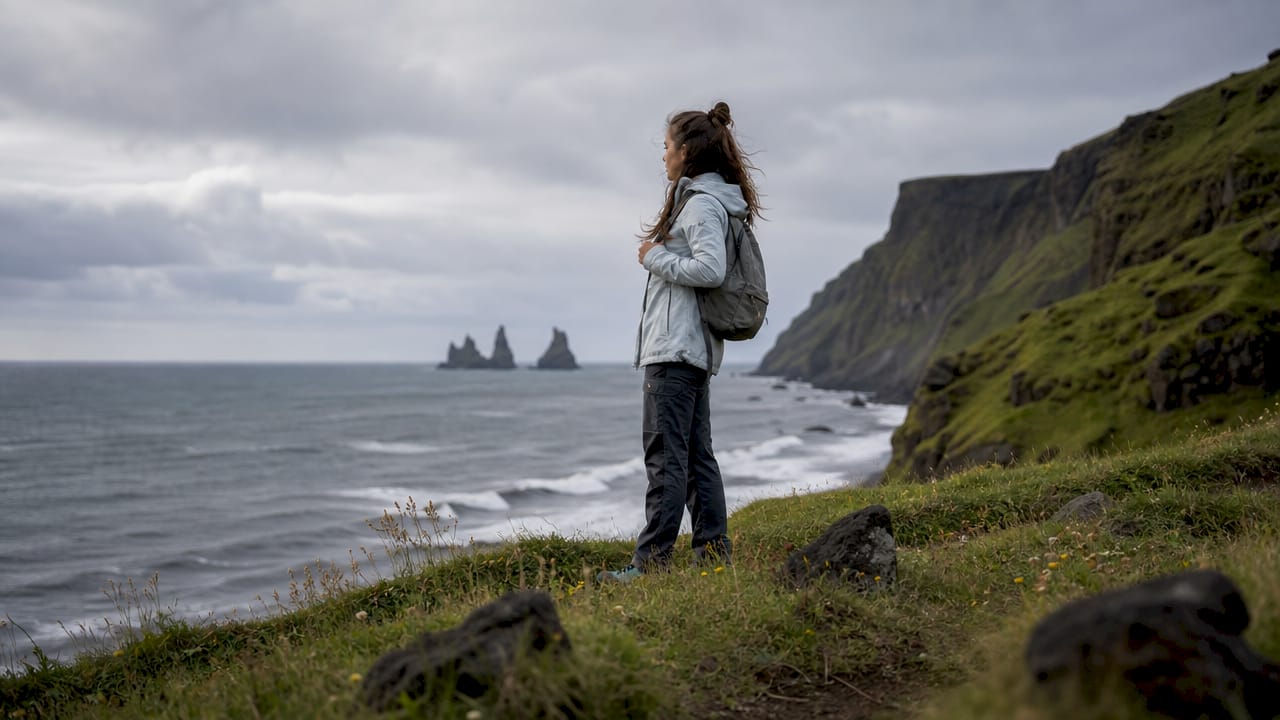 Viajero contemplando la playa de arena negra de Reynisfjara