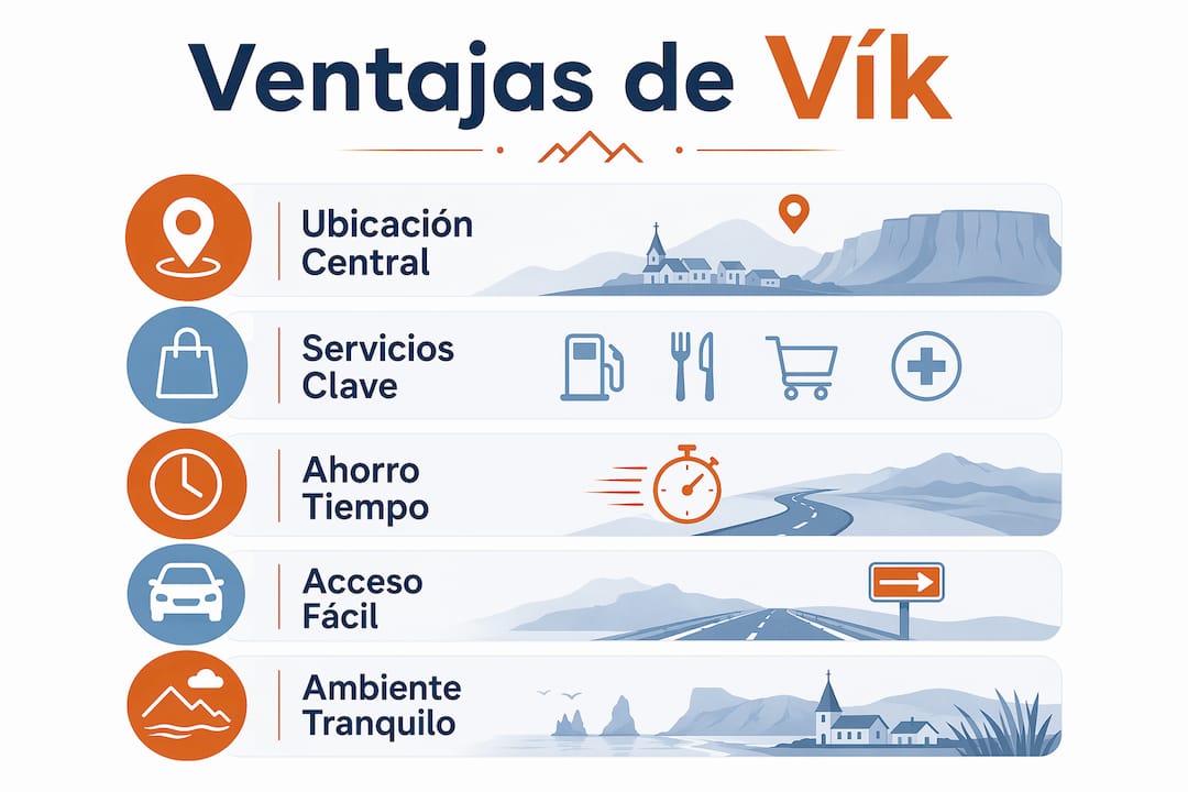 Infografía que destaca los principales beneficios de elegir Vík como punto de partida
