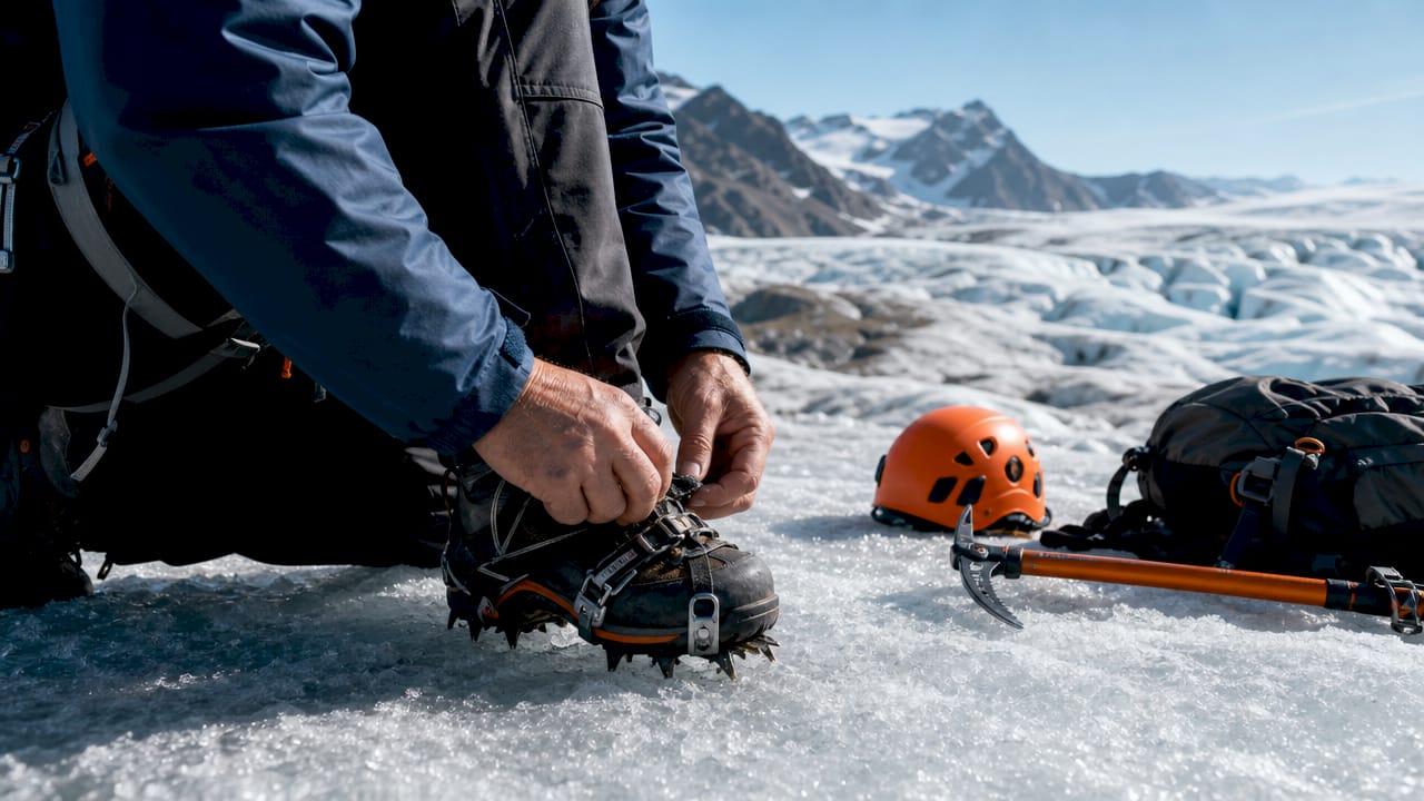 Hands fitting crampons onto mountaineering boots