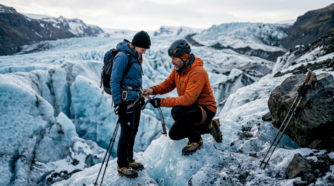 Guide adjusting climber's glacier hiking gear