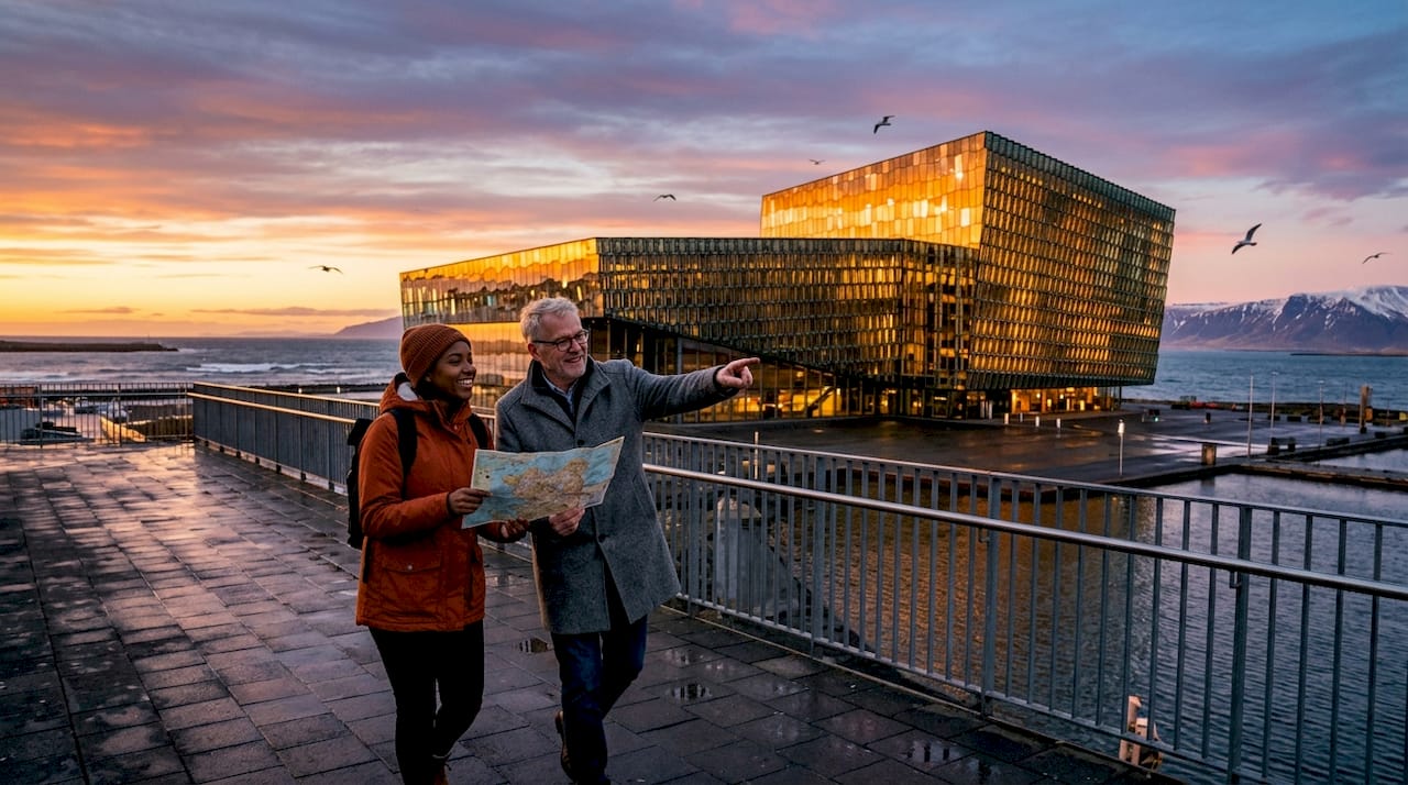 Turistas paseando junto al paseo marítimo del auditorio Harpa