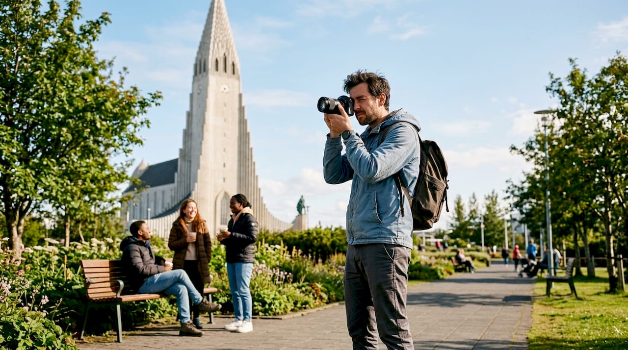 Un turista captura con su cámara la impresionante iglesia Hallgrímskirkja mientras pasea por el exterior.