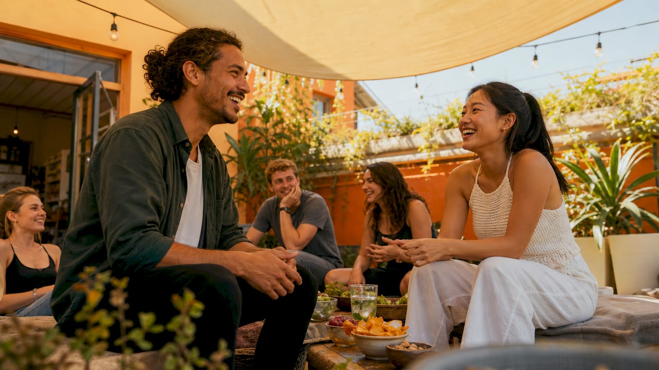 Travelers socializing in hostel common room