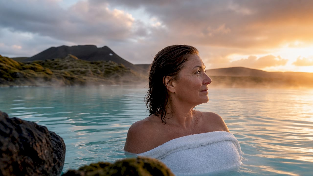 Una mujer se relaja en una laguna termal islandesa al amanecer, disfrutando del vapor cálido que envuelve el paisaje.
