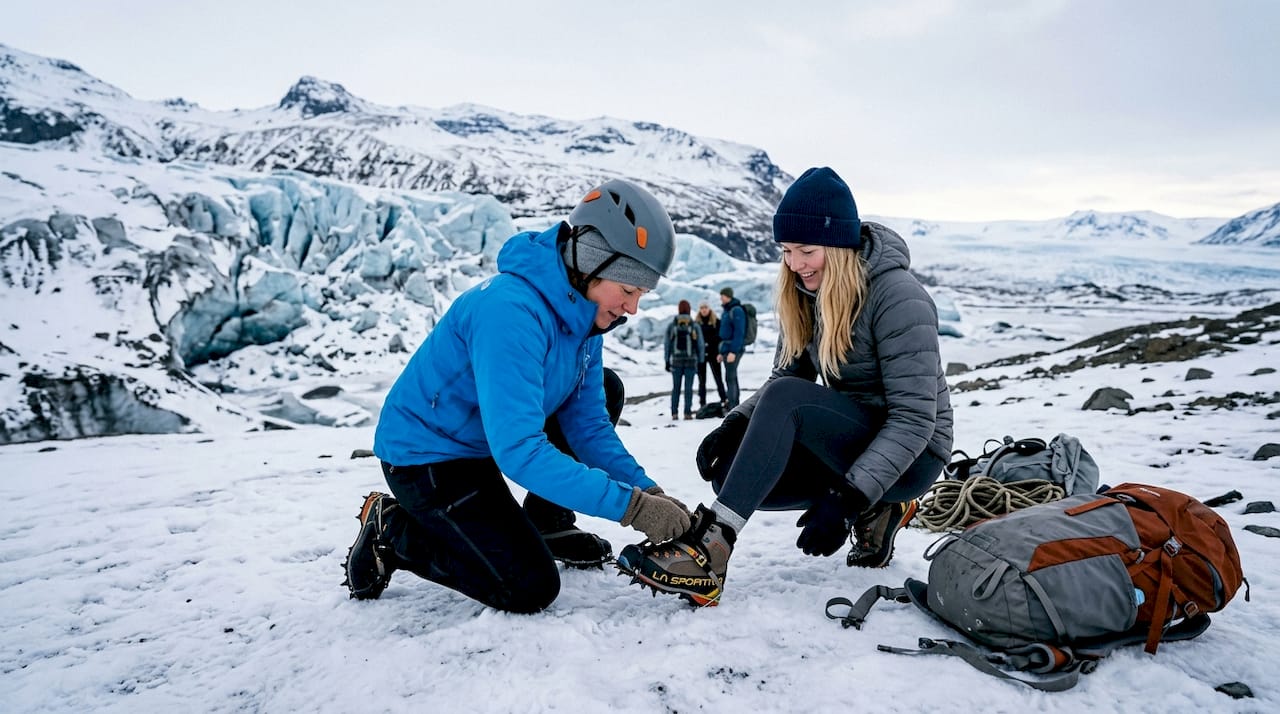 Glacier hiking guide helping gear up outdoors