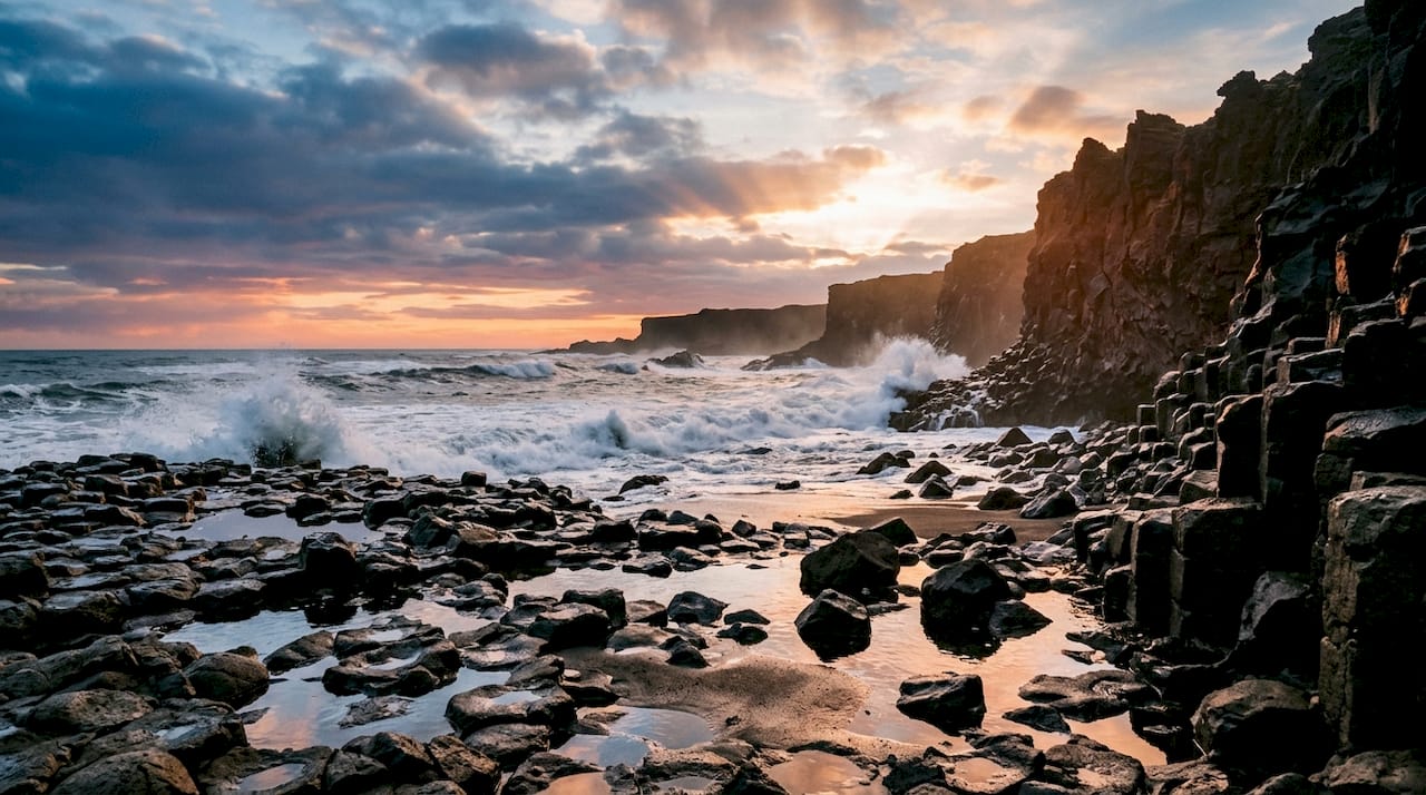 Dramatic South Coast Iceland rocky shoreline at sunrise