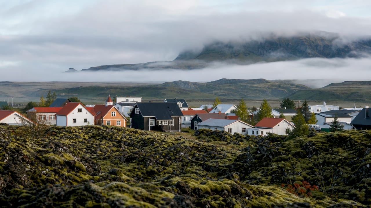 Scenic view of Kirkjubæjarklaustur village and lava fields