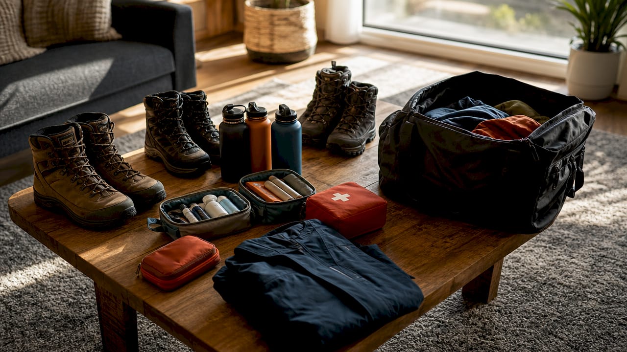 Neatly arranged group travel packing essentials