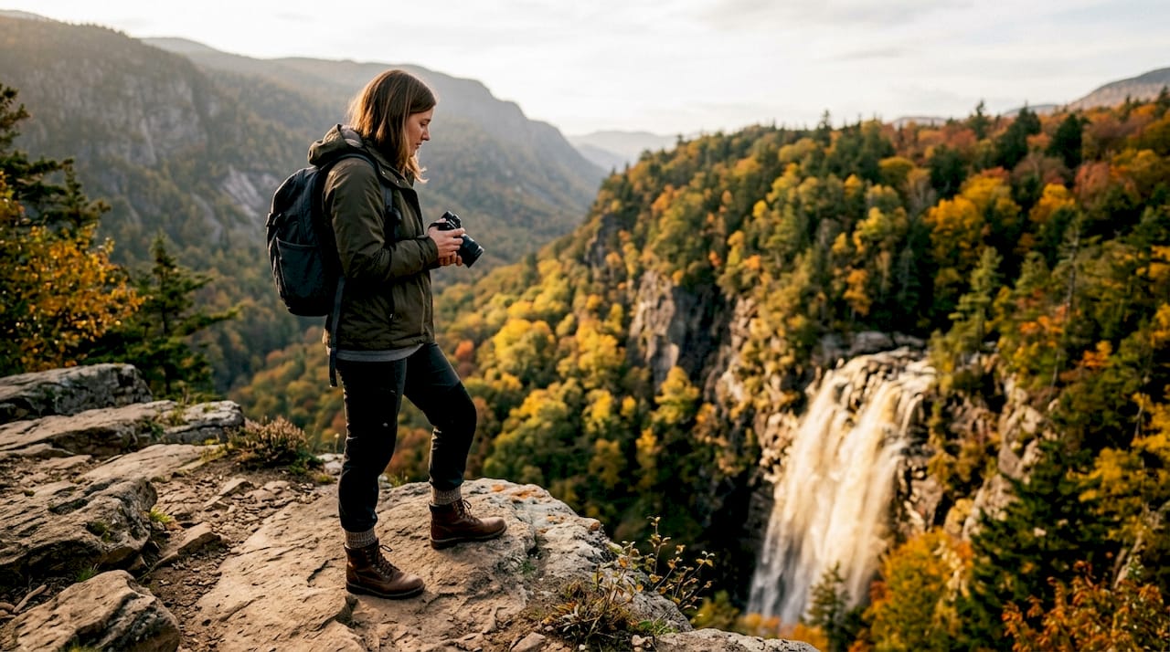 Traveler admiring a large waterfall landscape
