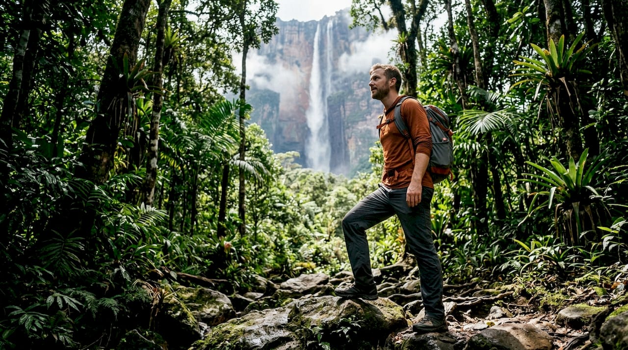 Traveler crossing bridge near Angel Falls in rainforest