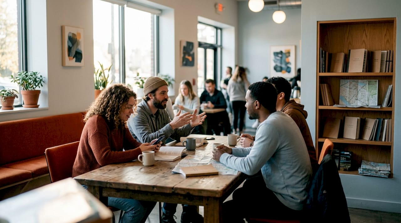Travelers socializing in a hostel lounge