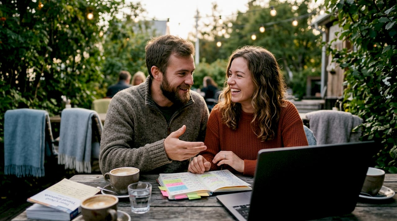 Couple planning romantic getaway checklist at kitchen table