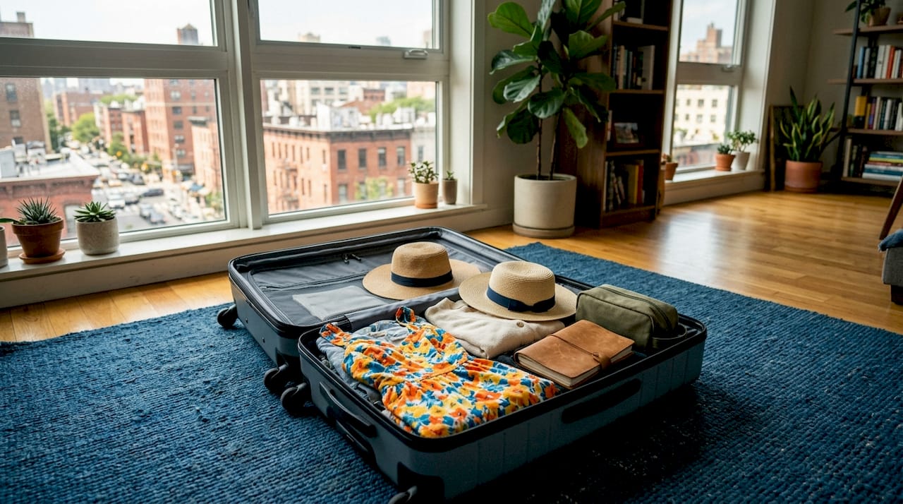Open suitcase with romantic getaway packing essentials