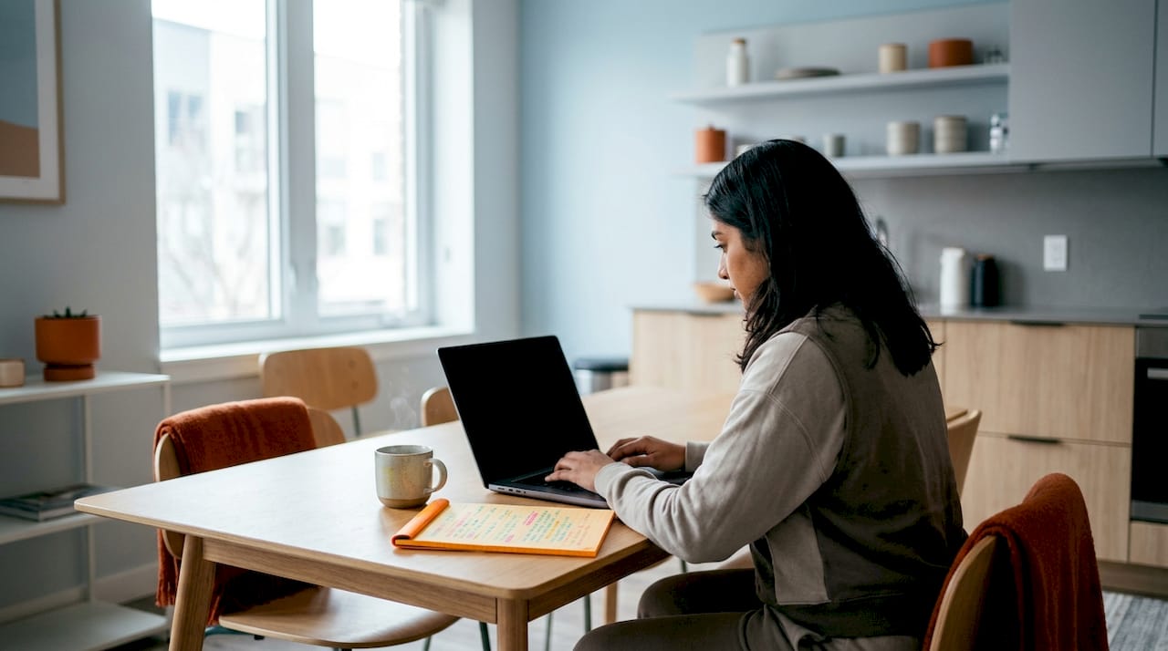Digital nomad woman working in coliving space