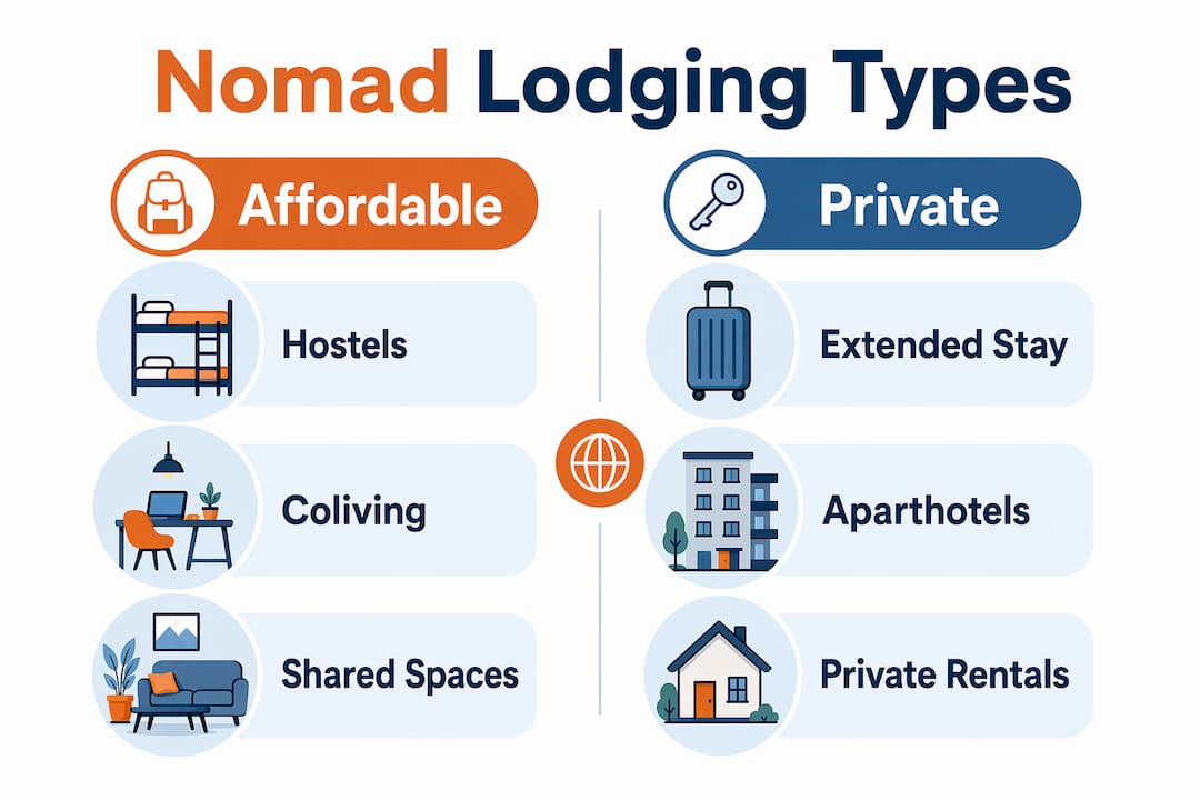 Infographic comparing affordable and private nomad lodging types