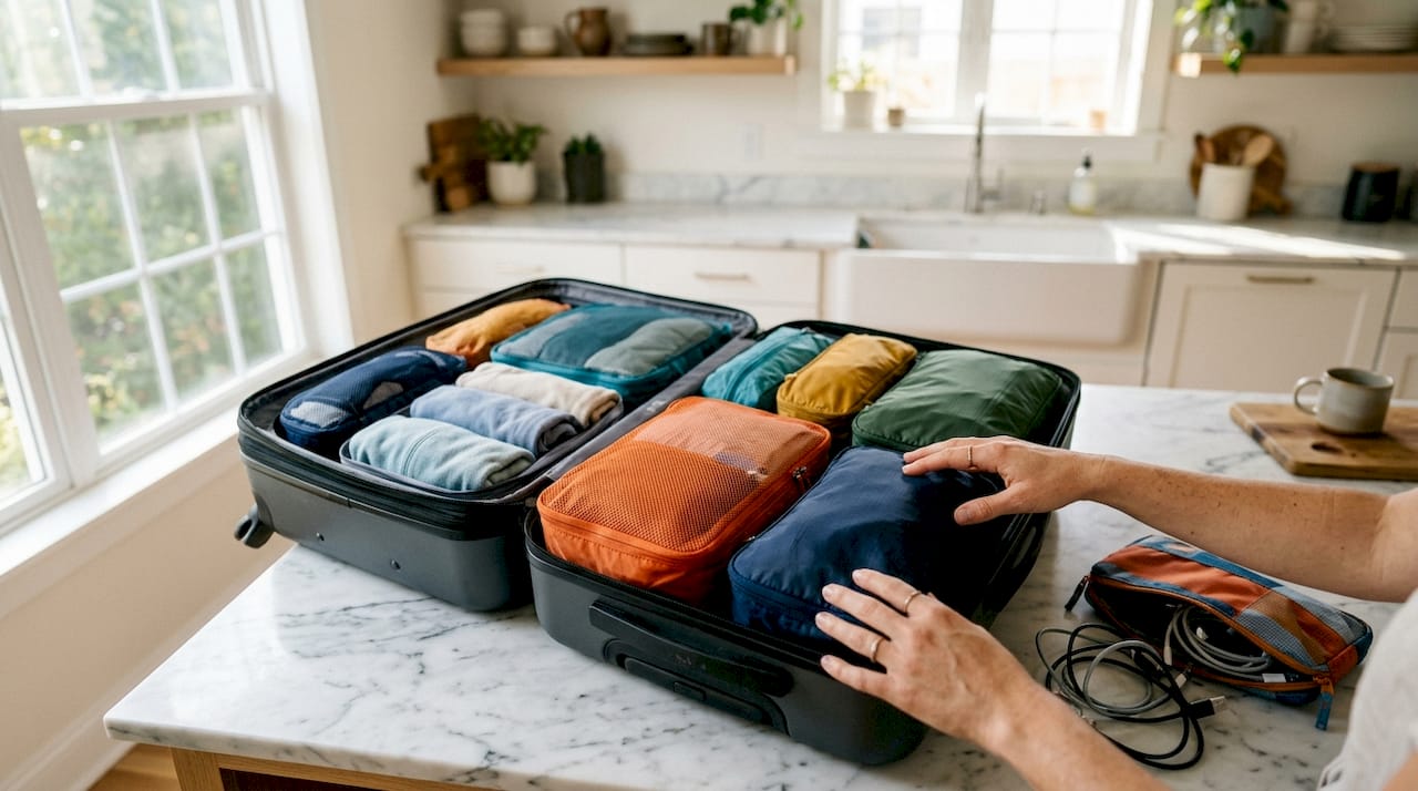 Hands organizing packing cubes and cable organizer