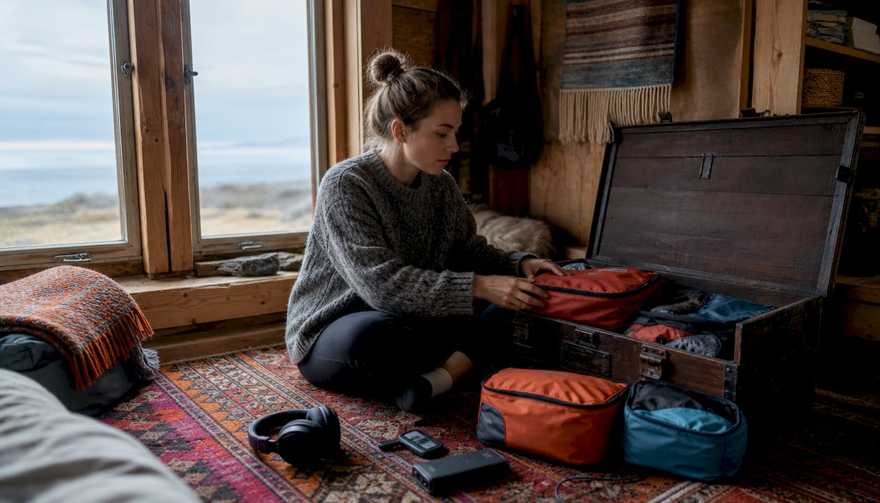 Traveler organizing packing cubes and travel essentials