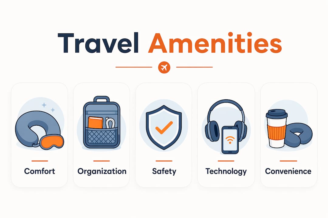 Infographic illustrating key travel amenities categories