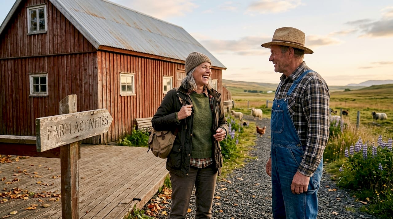 Traveler greeted by host at rural farmhouse