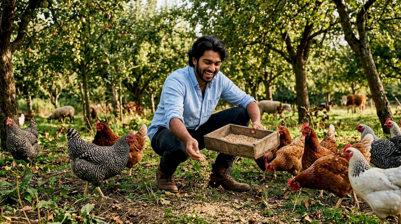 Guest feeding chickens in rustic barn interior