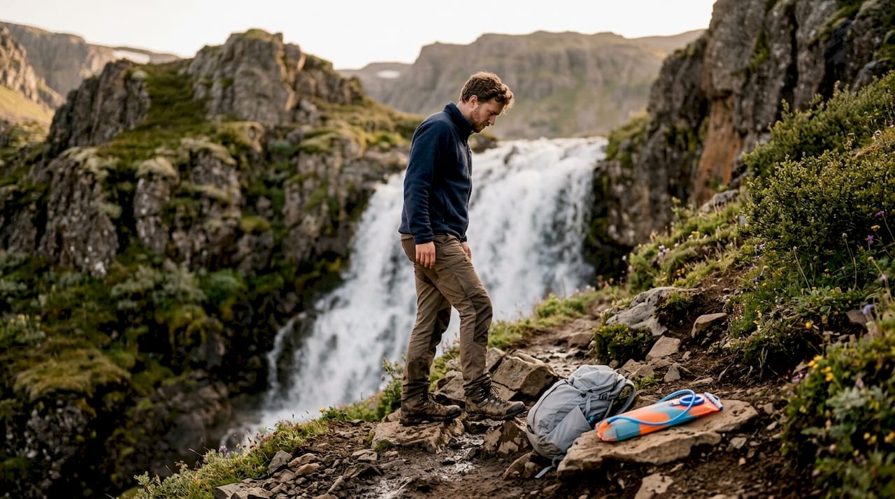Hiker crossing wet trail near waterfall