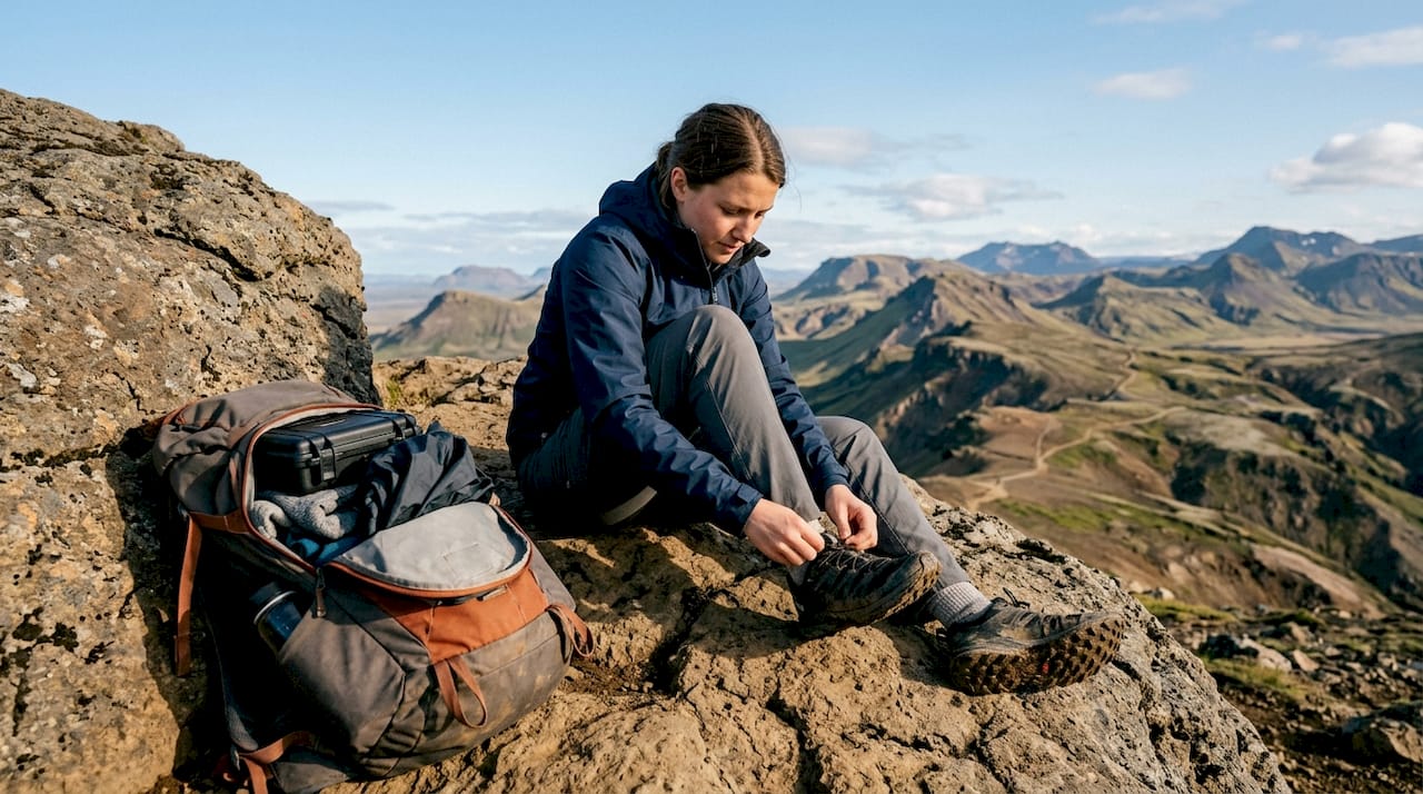 Hands adjusting hiking boots and gear