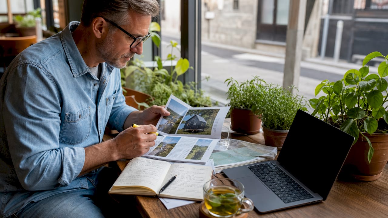 Traveler planning sustainable trip at home table