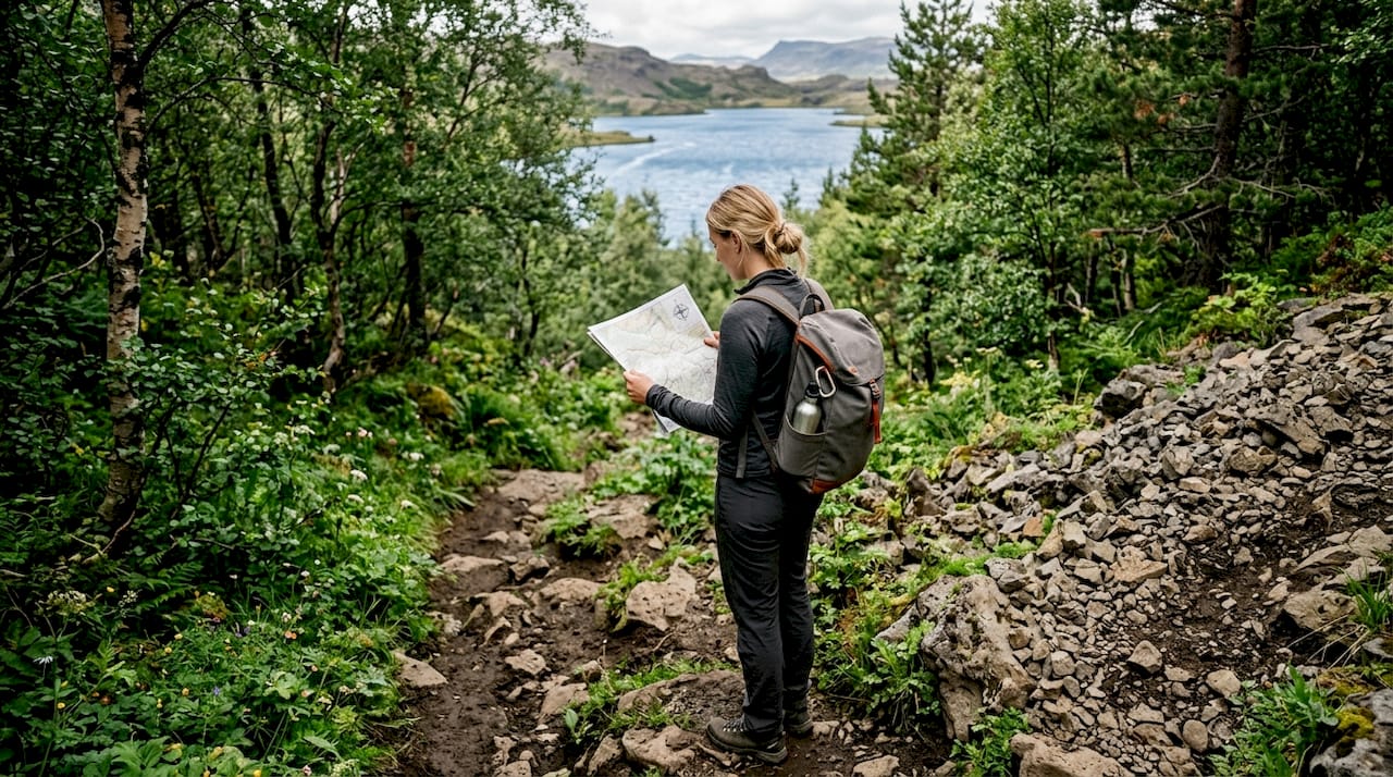 Traveler hiking coastal trail in nature