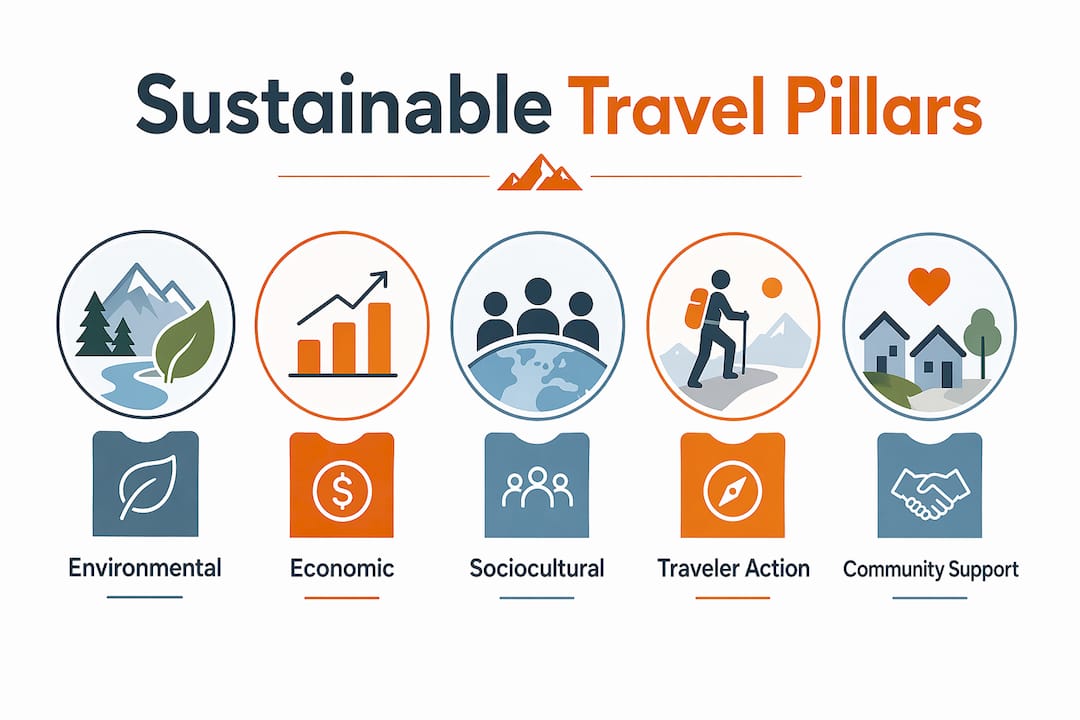 Infographic representing sustainable travel pillars