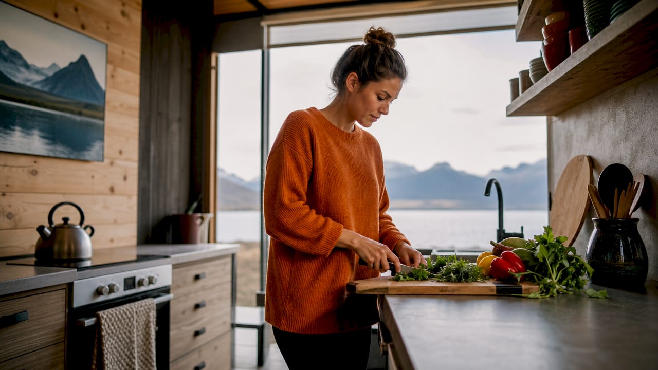 Traveler preparing food in self-catering kitchen