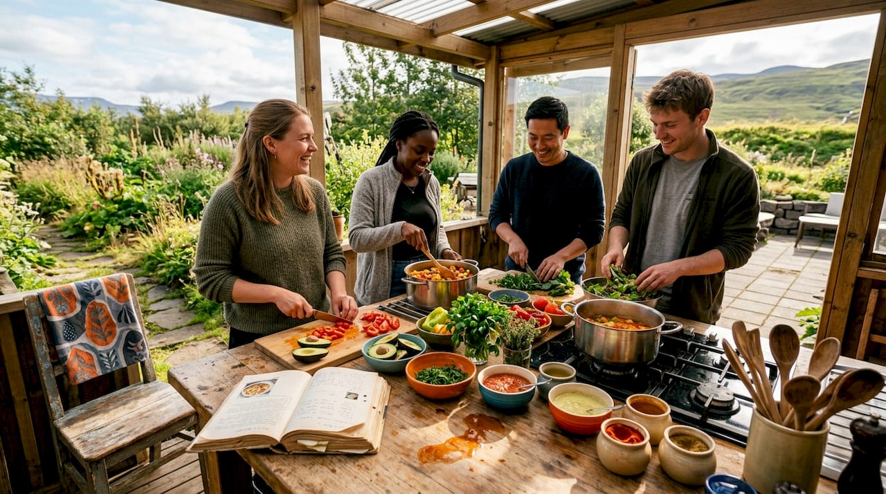 Hands preparing meal in vacation kitchen