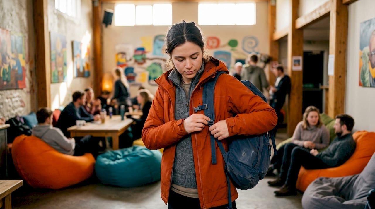 Solo traveler entering Iceland hostel with backpack