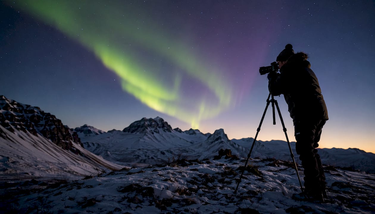 Photographer capturing vibrant Northern Lights outdoors