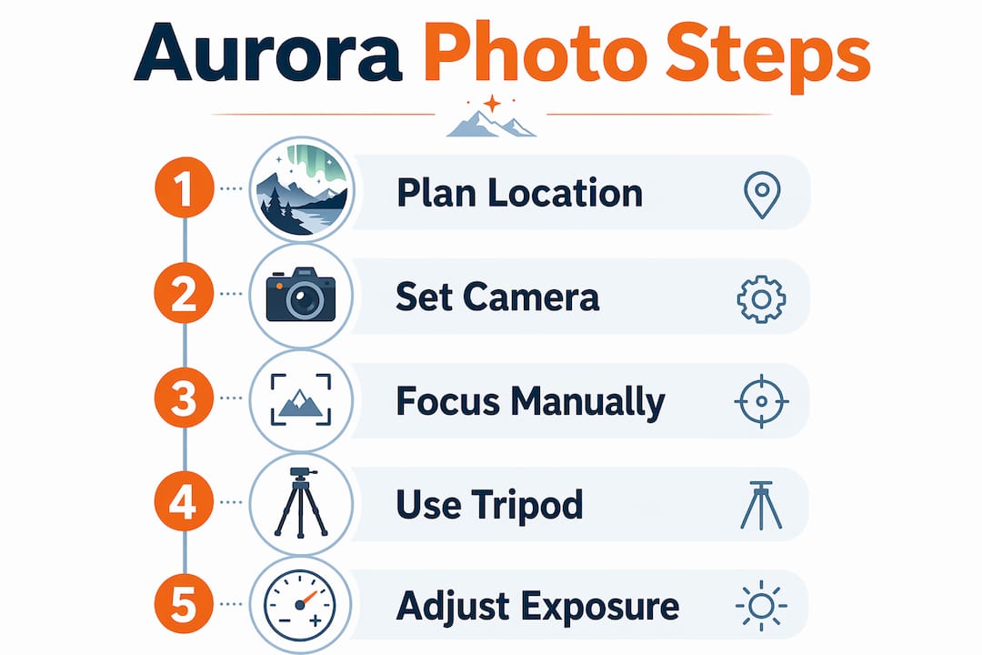 Infographic illustrating steps to photograph Northern Lights