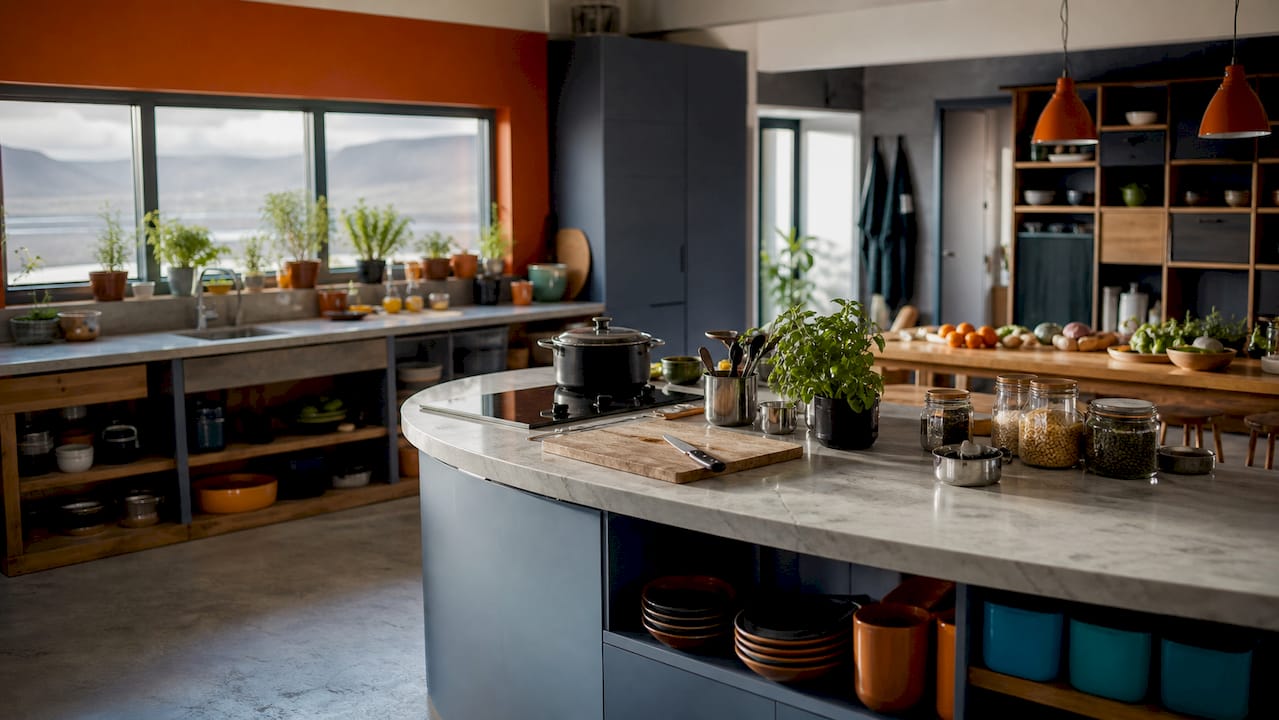 U-shaped communal kitchen with organized prep zones