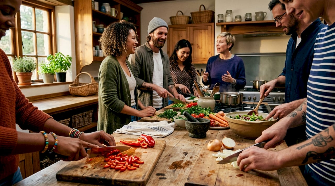 Group cooking together in large communal kitchen