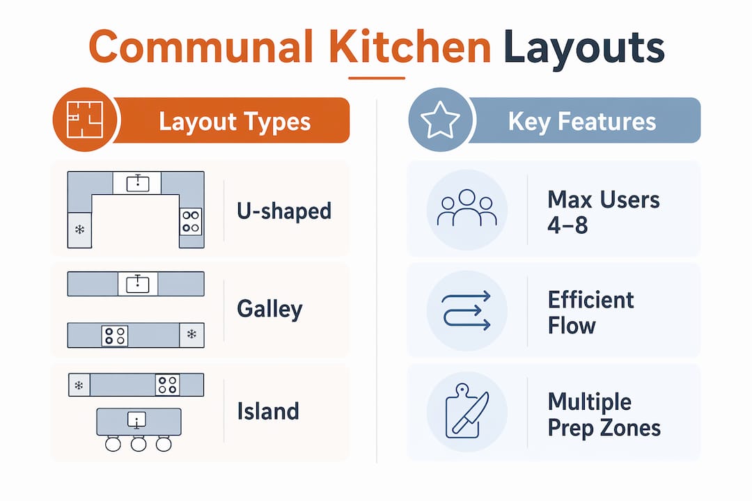 Infographic comparing communal kitchen layout types and features