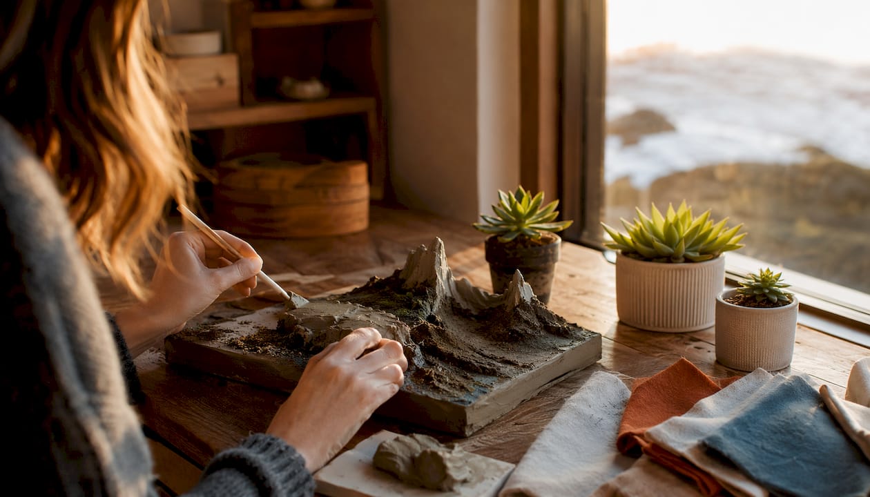 Hands smoothing clay on scenic base