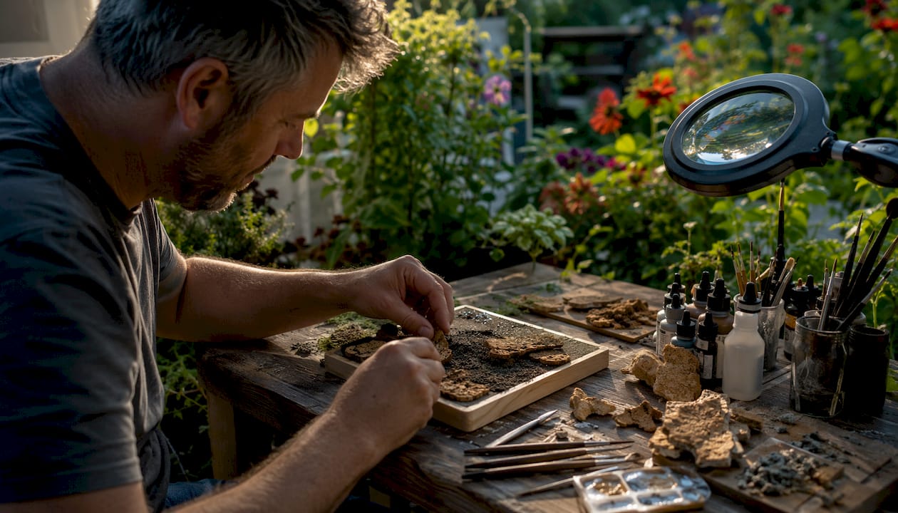 Miniature painter assembling scenic base