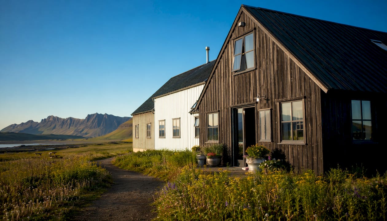 Exterior of Fox Hostel nestled in South Iceland nature park