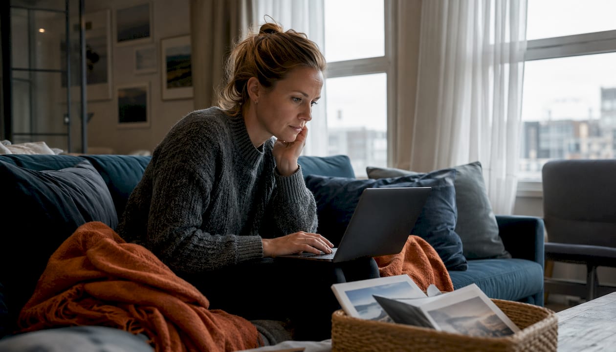Woman planning flights for Iceland trip on laptop
