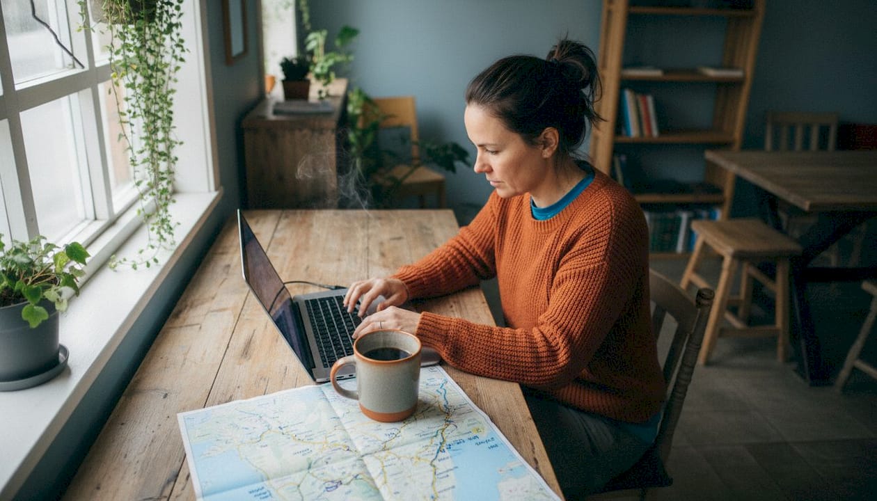 Traveler browsing hostel booking options on laptop