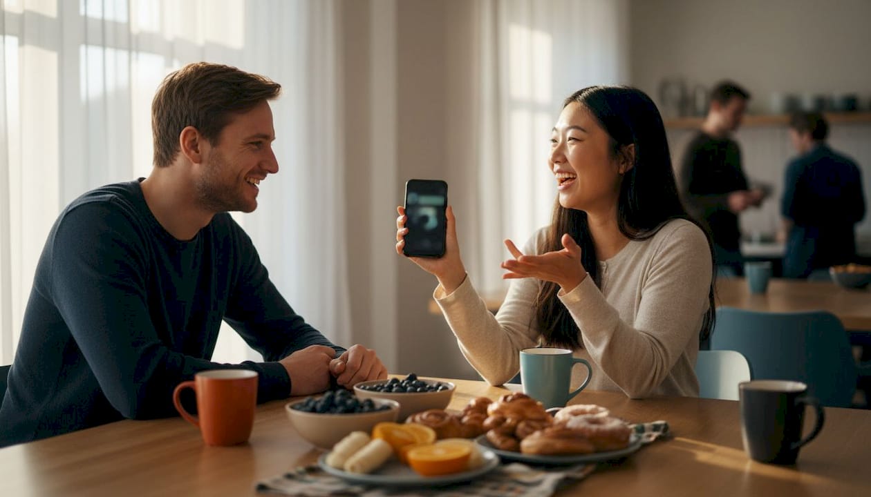 Young travelers using social hostel app together