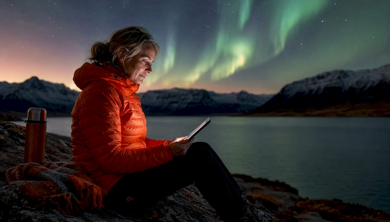 Woman watching northern lights on tablet outdoors