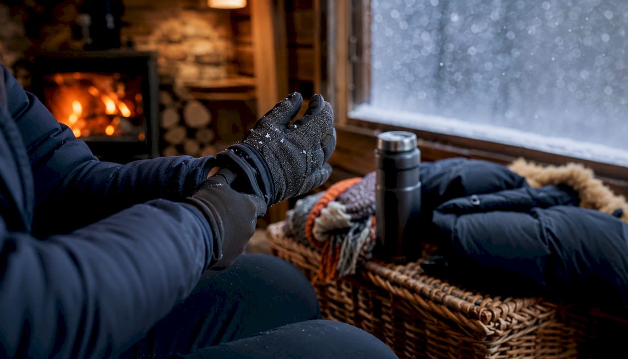 Hands adjusting gloves near winter aurora gear