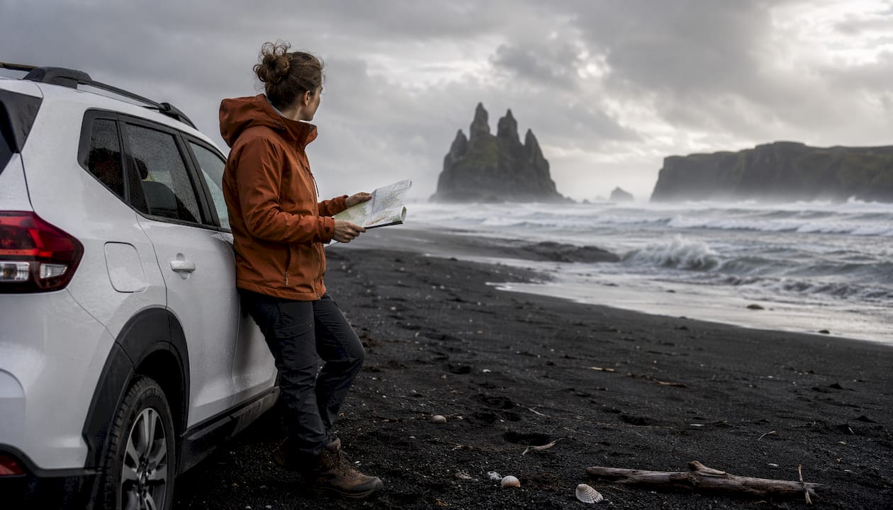 Traveler beside rental SUV on Icelandic open road