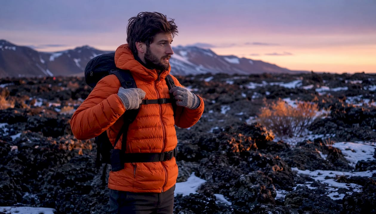 Man prepares for Northern Lights hike outdoors