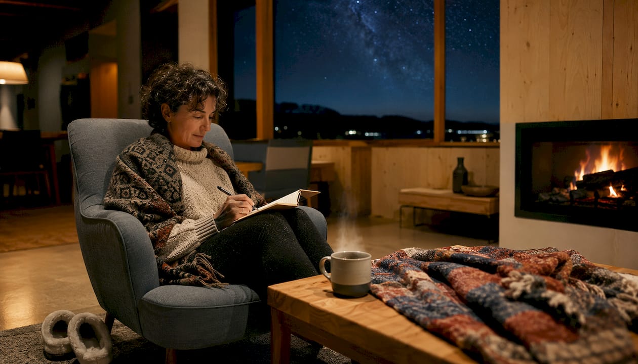 Woman planning trip inside cozy guesthouse