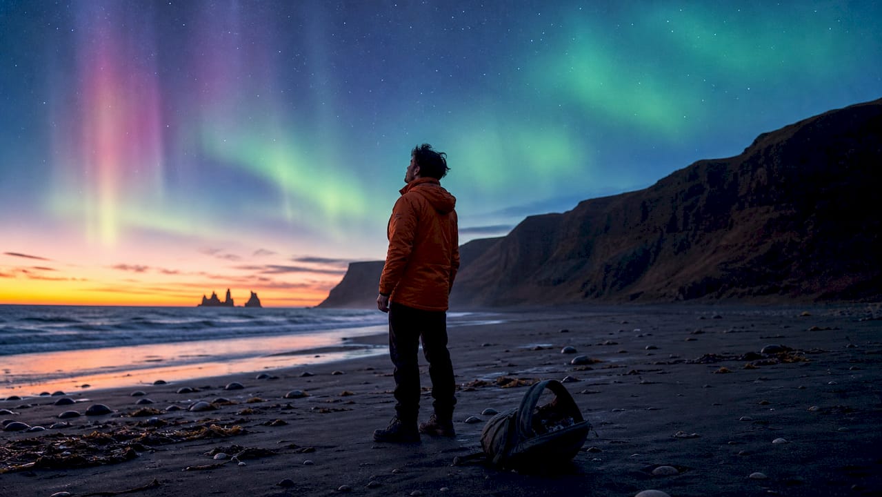 Traveler watching vibrant Northern Lights outdoors